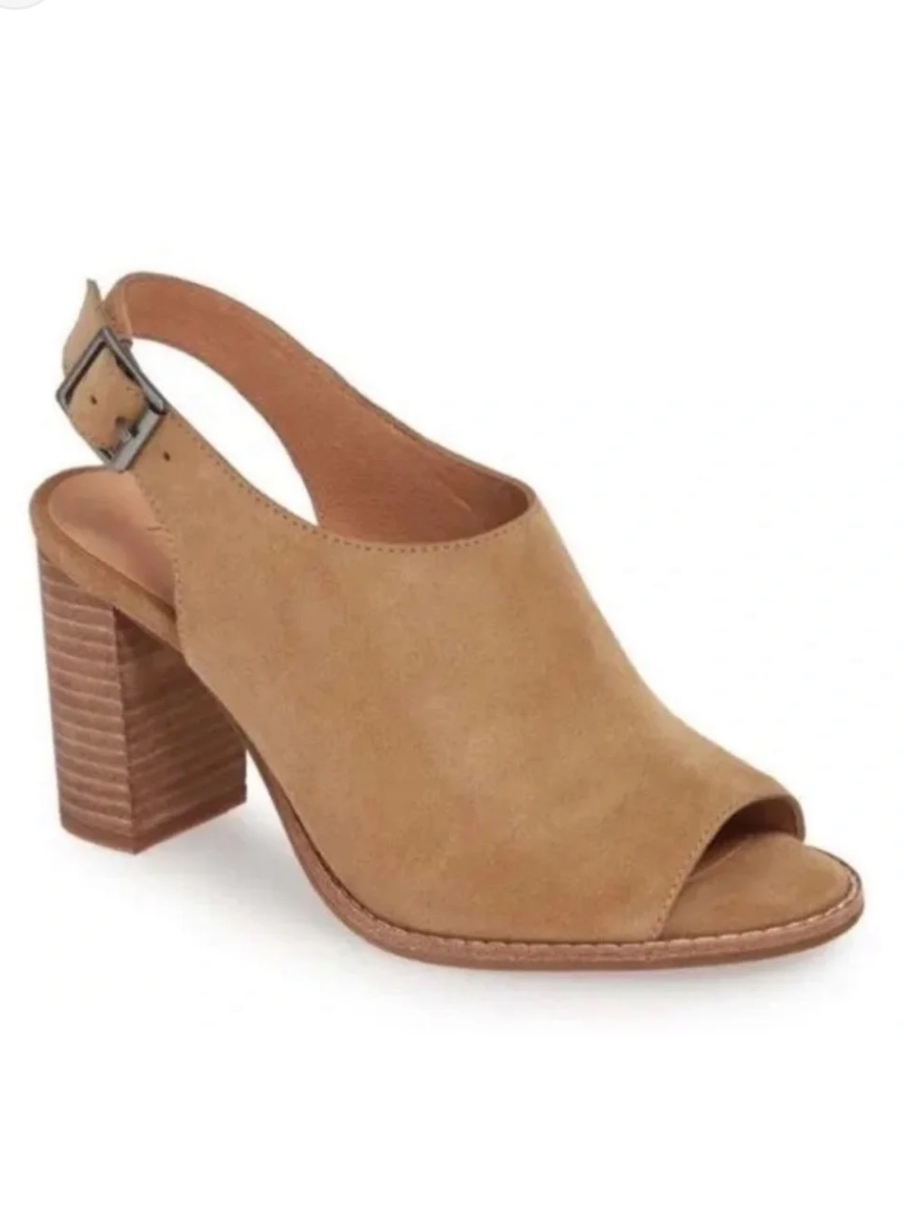 Madewell | Women’s Tan Suede Leather The Carrie Peep-Toe Block Heel Slingback 6